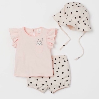 Bộ cộc tay bé gái - Set bộ kèm mũ thỏ hồng Hm chất cotton cho bé gái size 1-6t