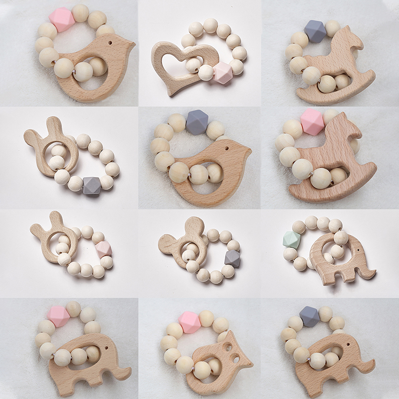 Bnvn 12# Wooden Rattle Beech Bear Hand Teething Ring Baby Rattles Play Stroller Toy Bnvv