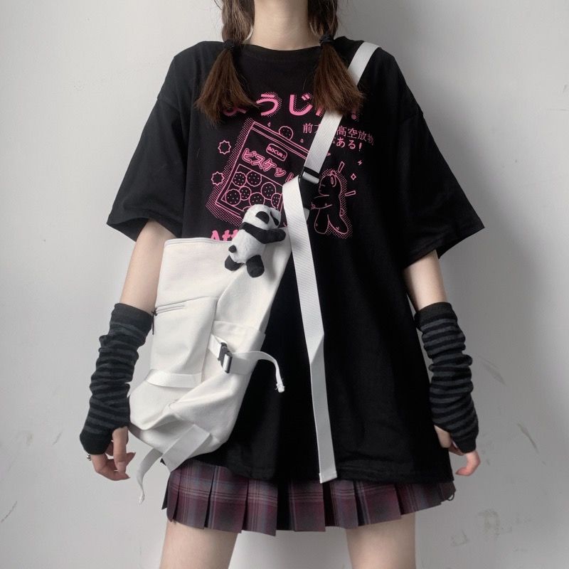 Áo thun đen tay lỡ dáng rộng phong cách Hàn Quốc Harajuku cho nữ sinh