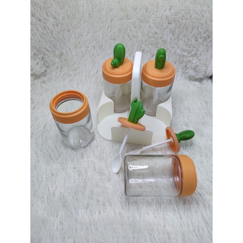 Set 4 Lọ Hình Xương Rồng Có Khay Tiện Lợi Lọ Đựng Gia Vị Thuỷ Tinh
