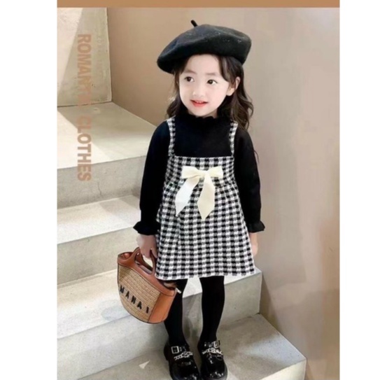 Váy Len Bé Gái Caro Nơ Ngực, Dài Tay , Cổ Lọ Giữ Nhiệt Cho Bé, ảnh thật sản phẩm