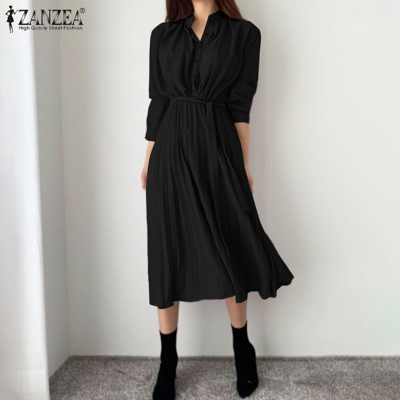 Đầm ZANZEA tay dài xếp ly lưng cao thanh lịch phong cách Hàn Quốc thường ngày dành cho bạn nữ