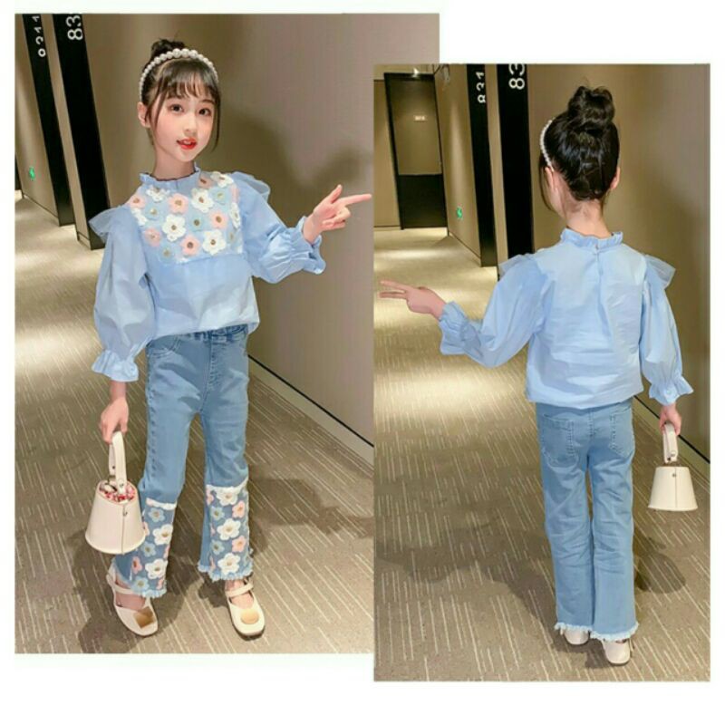 Sét bộ Áo sơ mi thêu hoa nổi kết hợp quần Jean ống loe (Hàng order -> đặt trước)