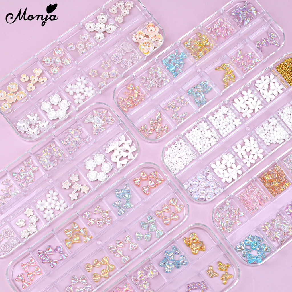 MONJA Phụ Kiện Trang Trí Móng Tay Nghệ Thuật 3D Nhiều Màu Sắc Hình Nơ/Gấu/Hoa Trà/Hoa Trà Lấp Lánh Xinh Xắn