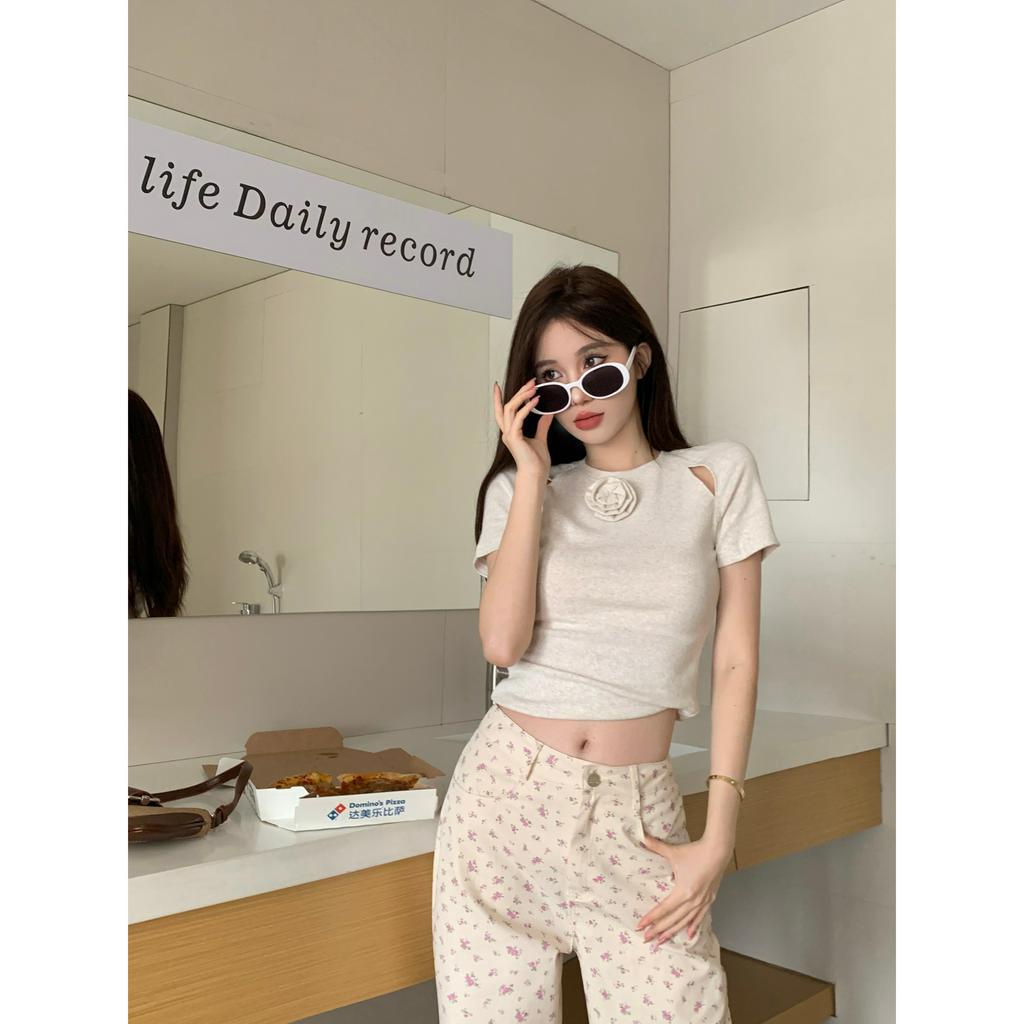 Cocory vn Set Áo Thun Ngắn Tay Hở Rốn + Quần Dài In Họa Tiết Thời Trang Mùa Hè Cho Nữ