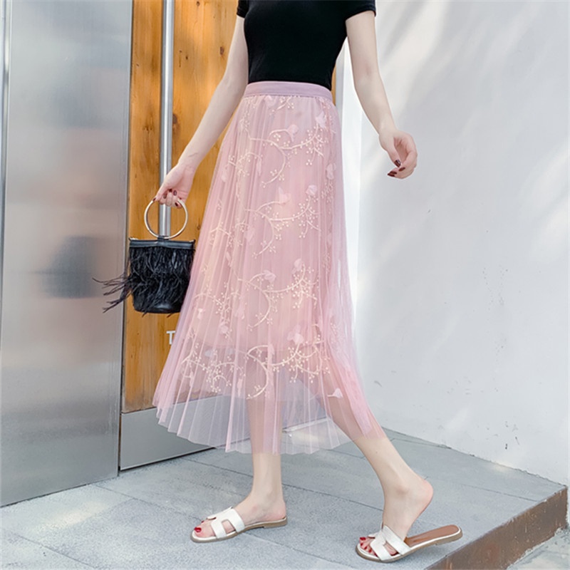 Váy xòe dáng dài 3 lớp dễ thương đính hoa nổi VAY84 free size
