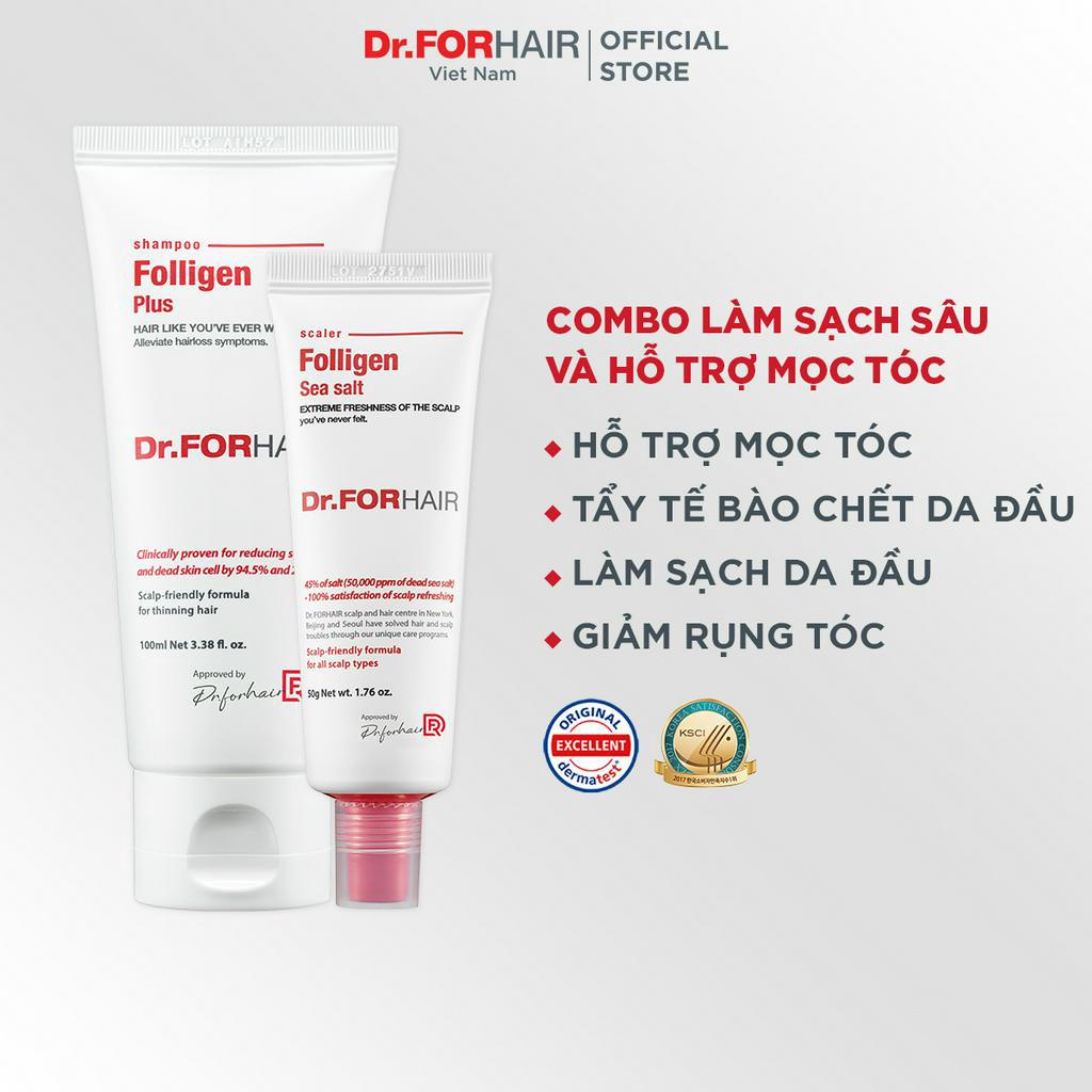 Bộ dầu gội và muối mini giảm ngứa, làm sạch da đầu  Dr.FORHAIR Folligen Plus 100ml x Sea Salt Scaler 50g