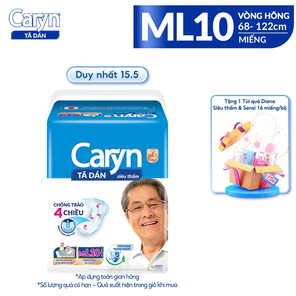 Tã Bỉm Dán Người Lớn Caryn Size ML(L) - 3 Miếng/10 Miếng Dành Cho Người Già Hạn Chế Khả Năng Đi Lại