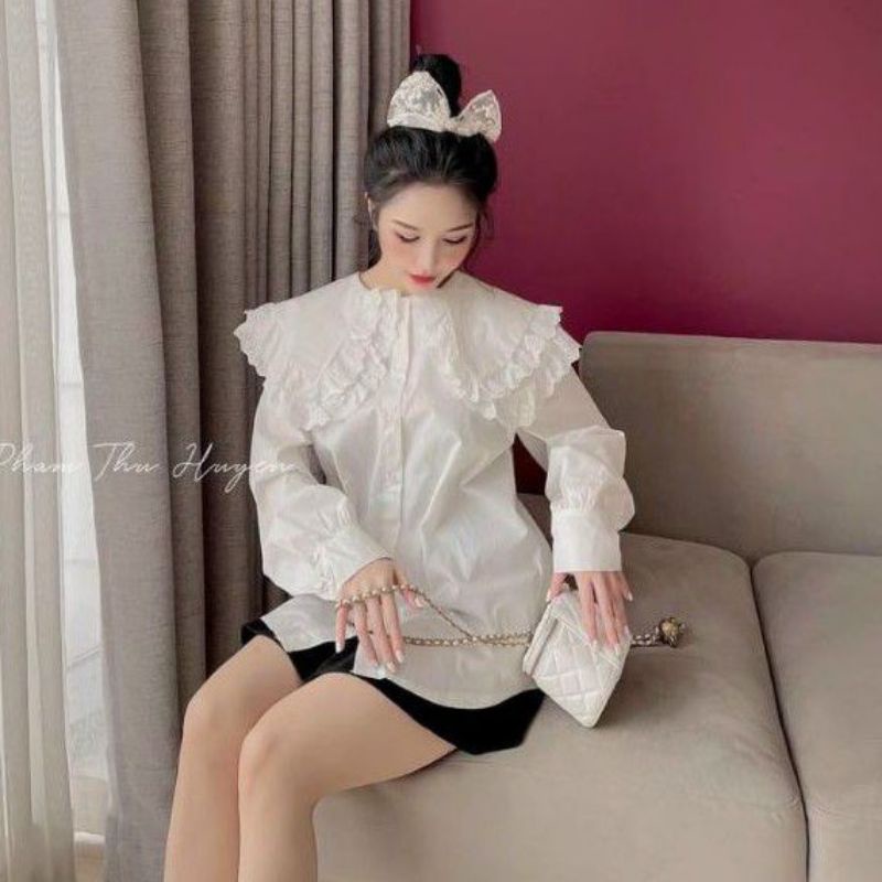 Áo sơ mi viền bèo cổ sen vải dầy đẹp UNG.Atk
