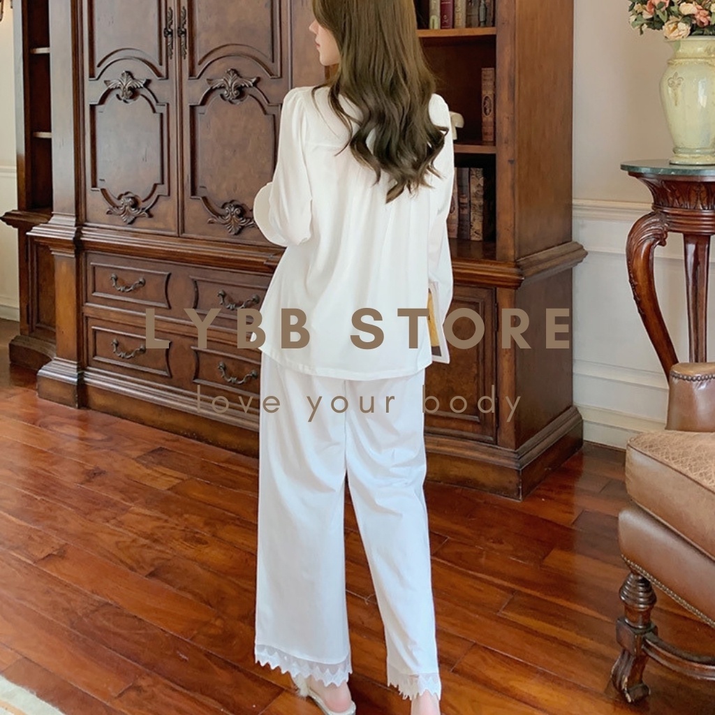 Set quần áo nữ mặc nhà chất liệu cotton đẹp, bộ ngủ tiểu thư dài tay xinh xắn, đồ ngủ nữ phong cách retro