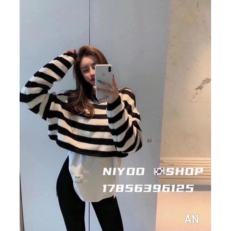 Set 3 món gồm ( áo kẻ croptop + áo lụa đuôi xẻ + quần legging