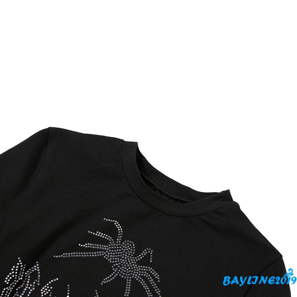 Áo Thun Ngắn Tay Dáng Ôm Hở Rốn Họa Tiết Nhện Đính Đá Thời Trang Cho Nữ