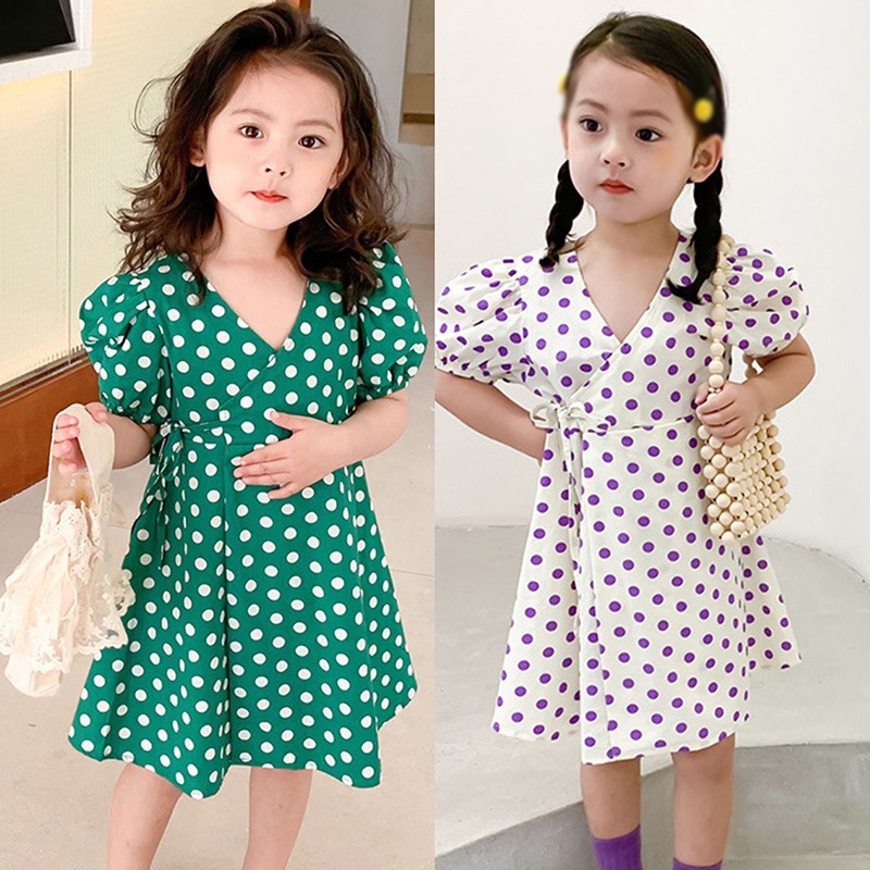 Đầm Chấm Bi Cổ Chữ V Cho Bé Gái