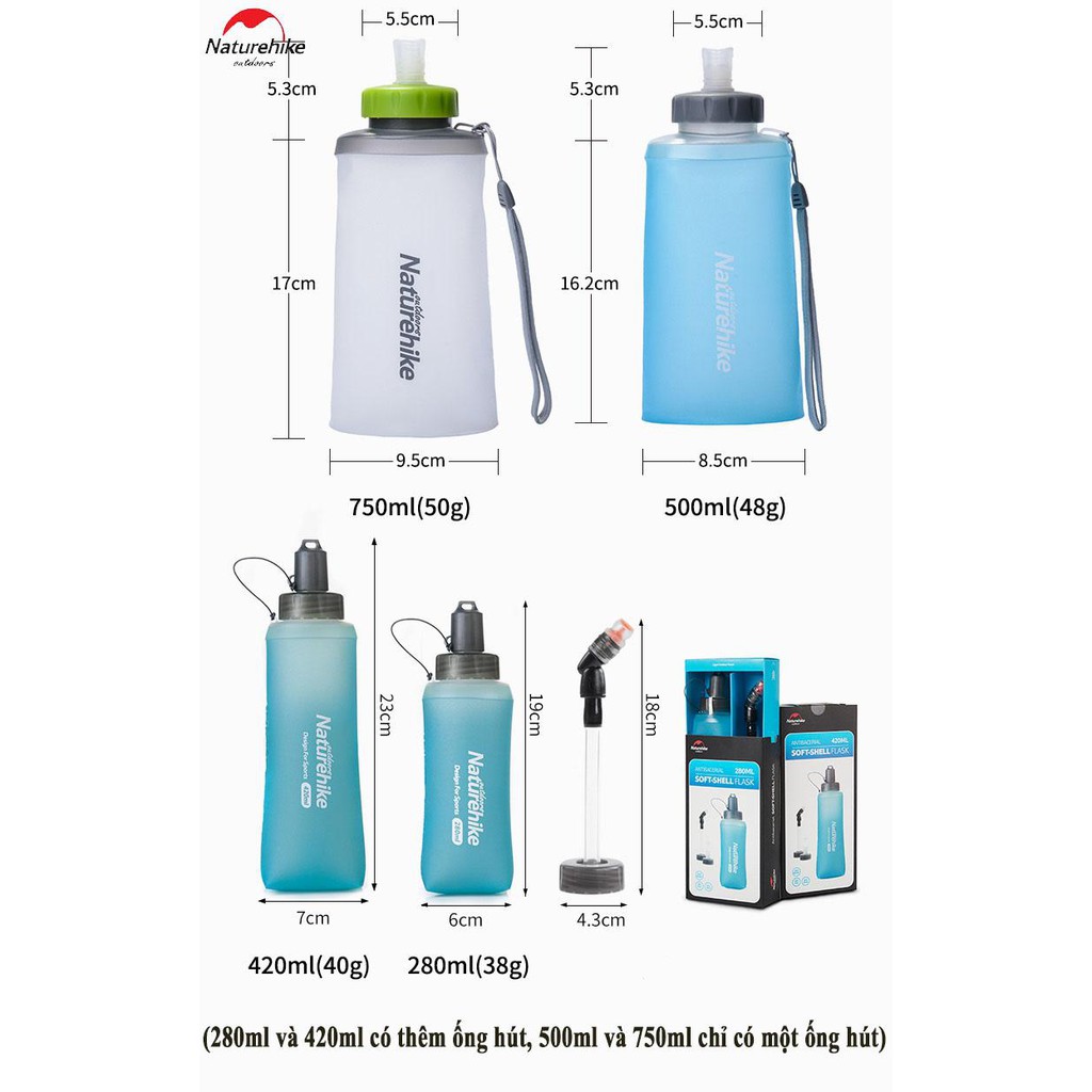 Bình nước có ống hút silicon Naturehike, bình đựng nước cao cấp chính hãng thể thao du lịch dã ngoại tiện dụng