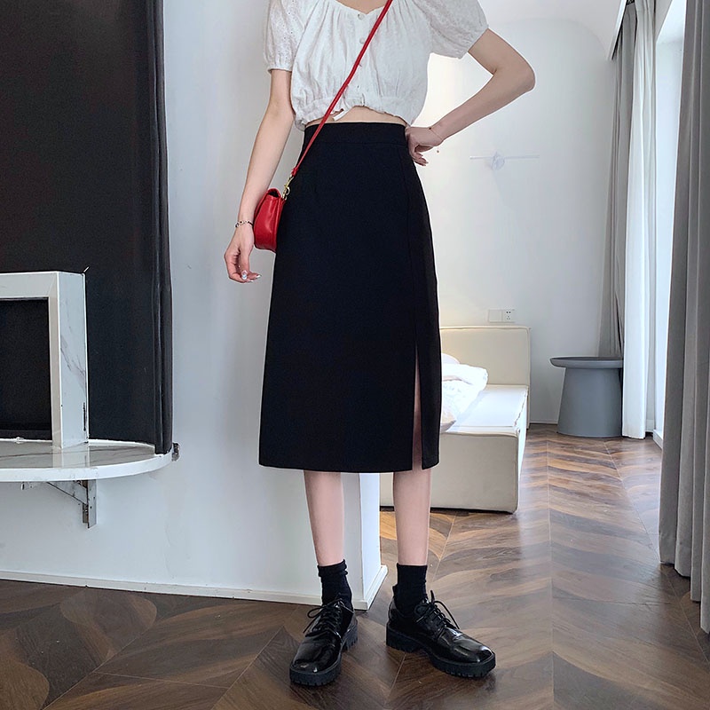 SUXI Chân váy midi lưng cao thiết kế chữ A cho nữ