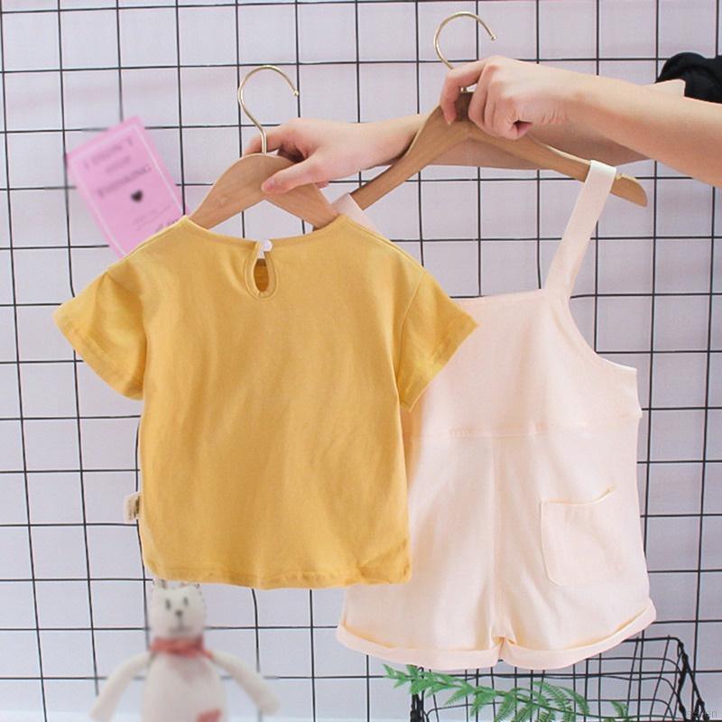 Set áo sơ mi tay ngắn + quần yếm có túi phong cách Hàn Quốc xinh xắn cho bé gái