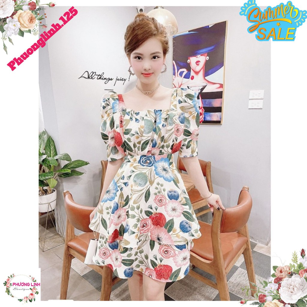 VÁY HOA CỔ VUÔNG XẾP LY NGỰC CHO NỮ | BigBuy360 - bigbuy360.vn