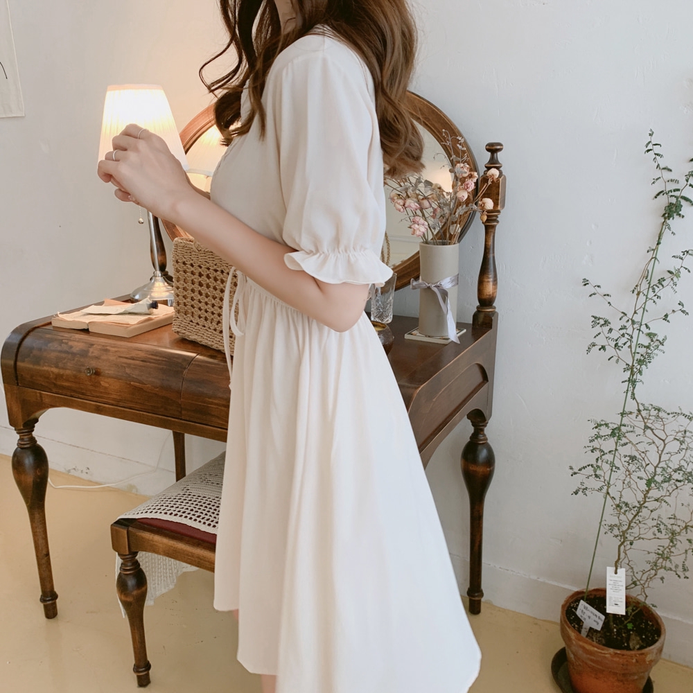 Đầm tay phồng cổ chữ V màu trơn thanh lịch dành cho nữ 29352