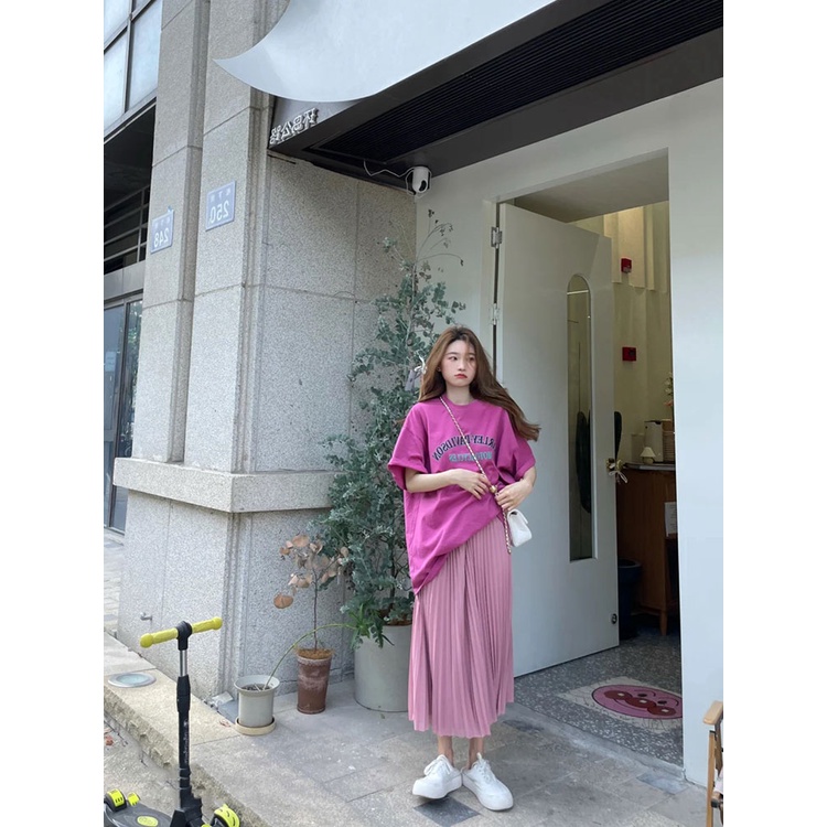 Chân váy MORAN màu hồng tím xòe dài xếp ly vintage Hàn Quốc + áo thun cộc tay màu hồng