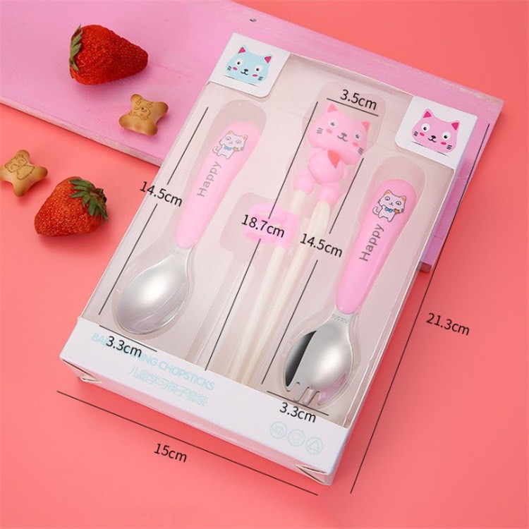 SET 3 SẢN PHẨM ĐŨA, THÌA, NĨA TẬP GẮP CHO BÉ TRAI BÉ GÁI HÌNH HỌA TIẾT MÈO XANH HỒNG DỄ THƯƠNG