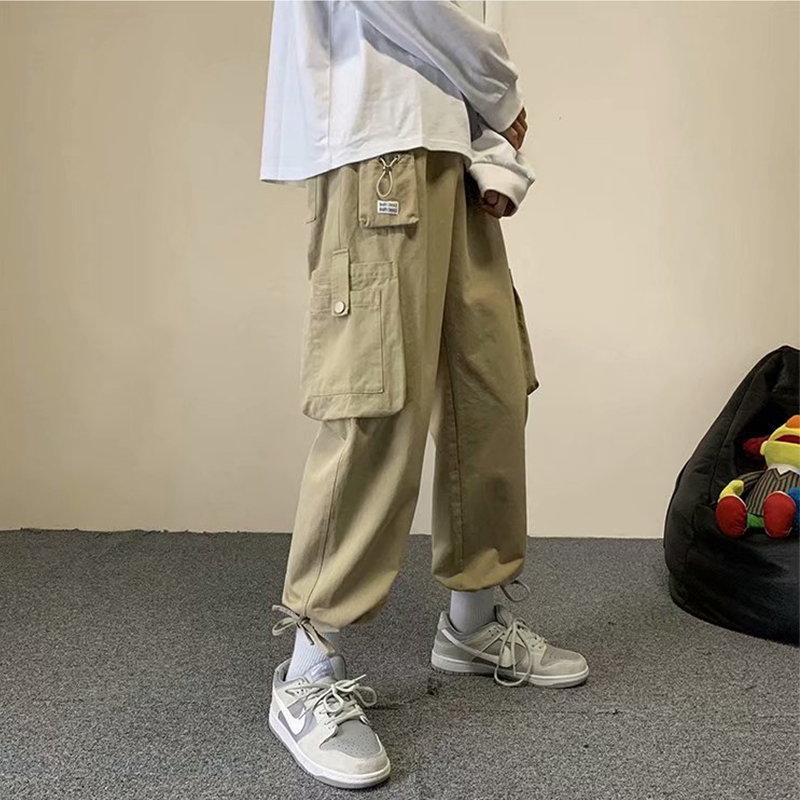 Men's Multiple Pocket Cargo Pants Japanese Street Trend Loose Drawstring Casual Pants for Men