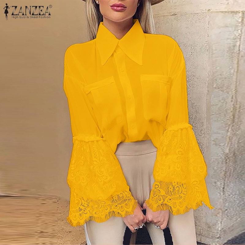 Zanzea Áo Sơ Mi Nữ Dài Tay Cổ Bẻ Phối Ren Thời Trang Châu Âu