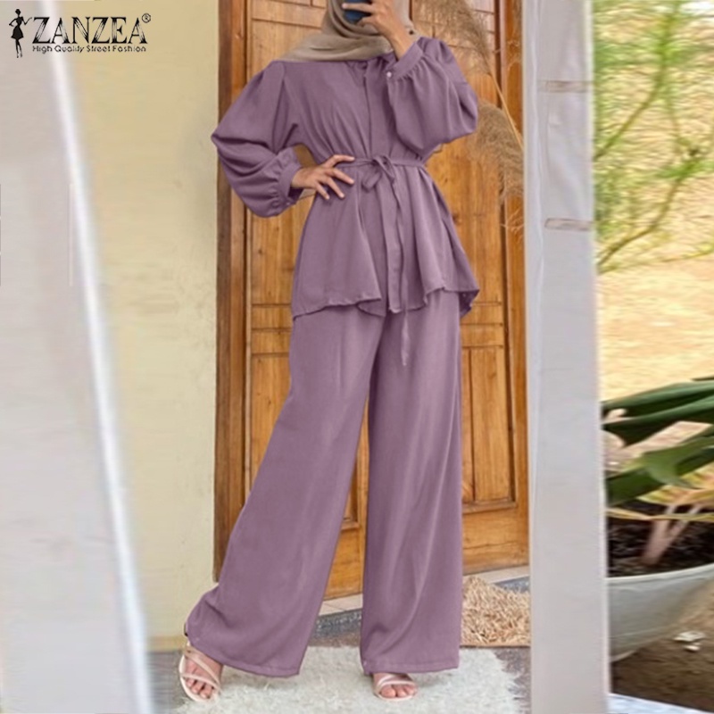 Zanzea Bộ Áo Tay Phồng + Quần Dài Ống Rộng Co Giãn Thời Trang Đường Phố Hồi Giáo Cho Nữ