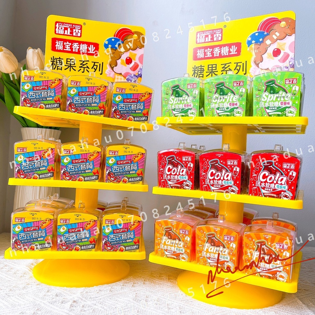 Hot - Một hộp kẹo dẻo burger/ cola/ sprite/ fanta Tháp Chú Hề Hongkong hình hộp mứt cúp lớn 100gam