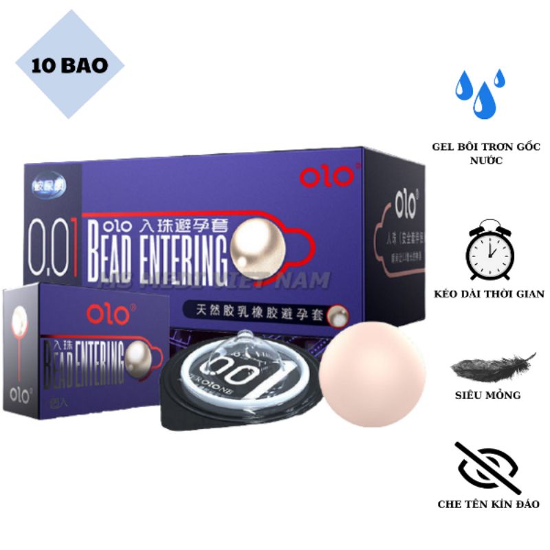 Bao Cao Su Siêu Mỏng, Bi Lớn 3cm Tăng Chiều Dài, Gel Bôi Trơn Gốc Nước Kích Thích Tăng Khoái Cảm - OLO - Hộp 10 Bao