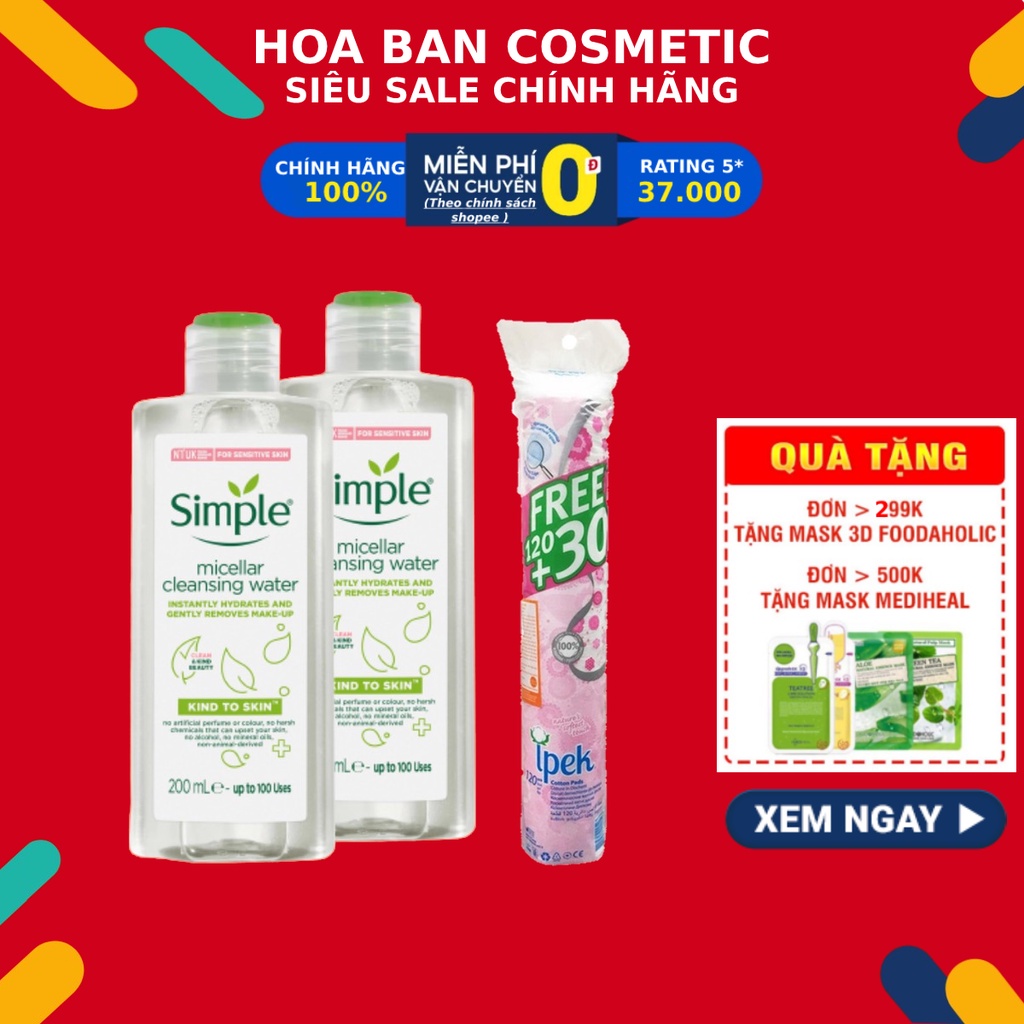 Combo bông tẩy trang ipek 80 miếng + 1 chai nước tẩy trang Simple Micellar Cleansing Water 200ml - - Hoa Ban Cosmetic