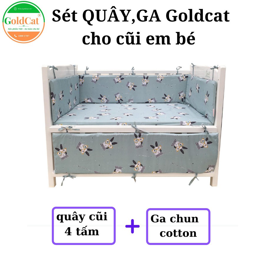 Bộ  quây cũi và ga bọc đệm cho bé Goldcat chất liệu vải thô lụa cotton chống va đập an toàn và êm ái