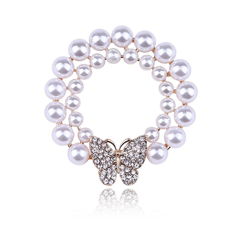 Ghim cài áo hình bươm bướm màu vàng / bạc đính 2 vòng ngọc trai giả xinh xắn