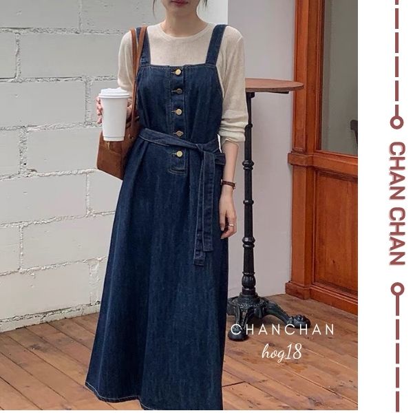 Váy Yếm JEAN Dáng Dài Chữ A Phong Cách Ulzzang, Váy Yếm Bò 2 Dây Kèm Đai Demin