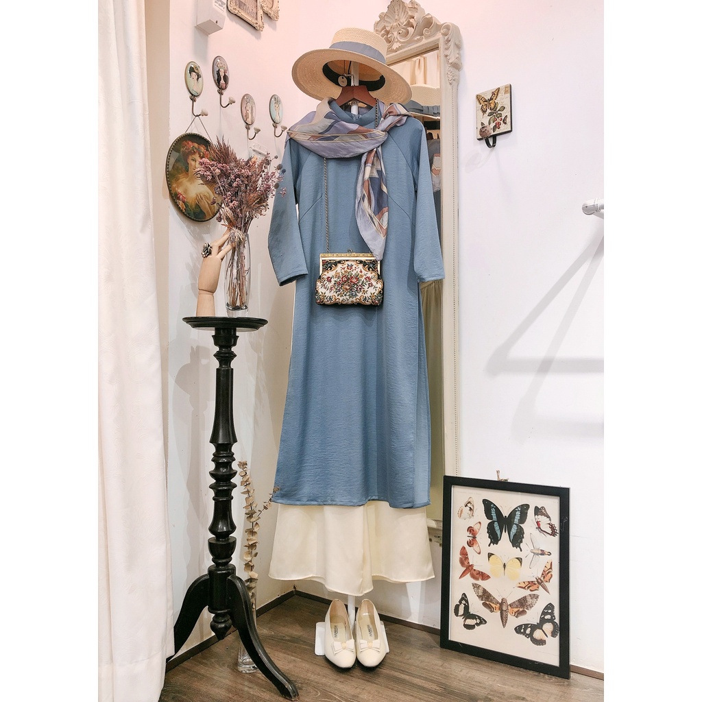 Set Áo dài Rosemary Lụa Tây Thi Xanh Xám