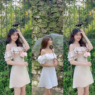 Đầm hai dây ms.1189 đầm dáng xòe nhẹ, trễ vai, bèo tầng, chất thái chéo sịn, mát, hai màu trắng kem