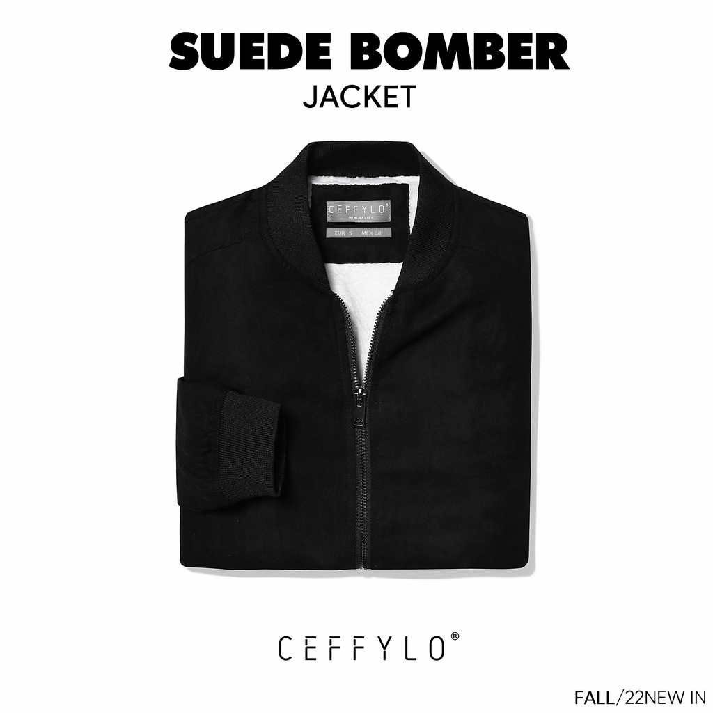 Áo Khoác Bomber Da Lộn Lót Lông Đen Trơn, Chất Liệu Da Lộn, Lót Lông Mềm Mịn – CEFFYLO
