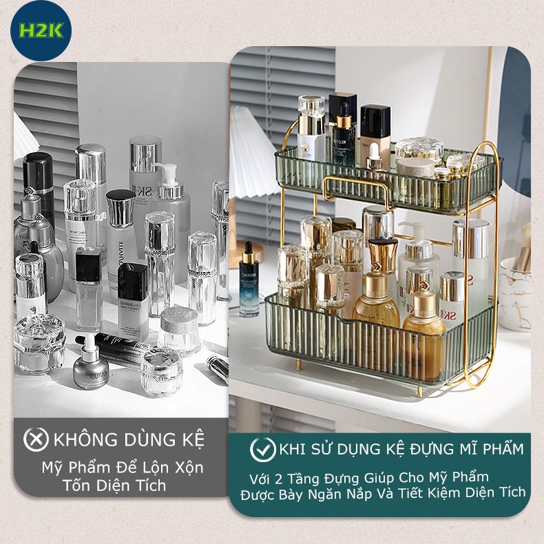 Kệ Đựng Mĩ Phẩm , Đồ Trang Điểm 2 Tầng Cao Cấp Có Viền Mạ Vàng Phong Cách Châu Âu Đẹp Và Tiện Dụng