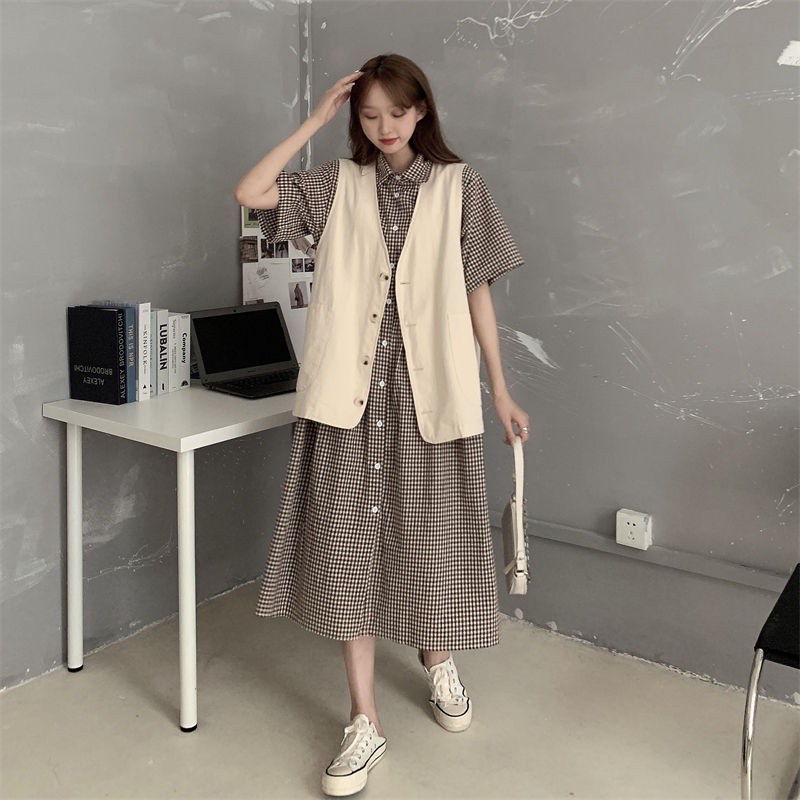 Set Đầm Sơ Mi Sọc Ca Rô + Áo Khoác Cardigan Không Tay Phong Cách Retro Hàn Quốc  váy | BigBuy360 - bigbuy360.vn