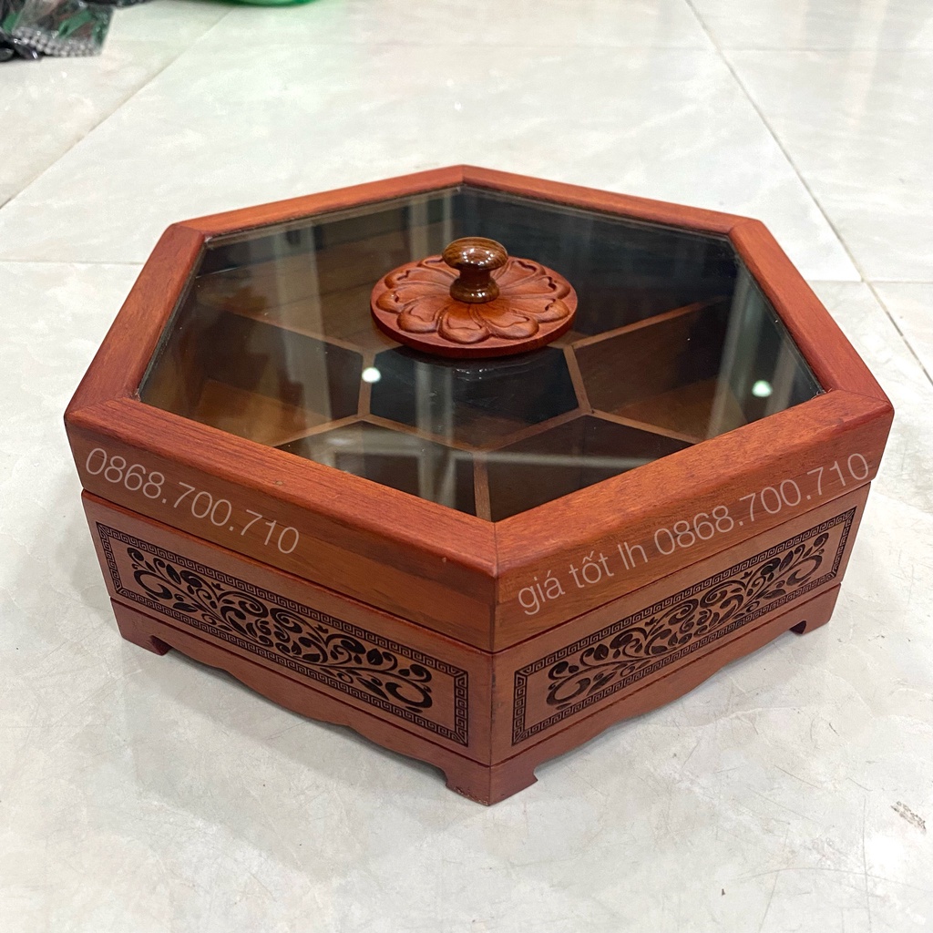 Khay Đựng Mứt Tết bằng Gỗ Hương Cao Cấp Lục Giac Kính khắc laze hoa vănkhay đựng bánh kẹo ngày tết bằng gỗ - ẢNH THỰC TẾ