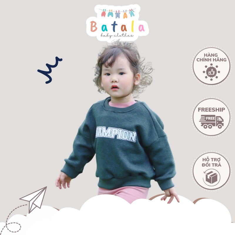 Áo nỉ bông hoodie thu đông BATALA KIDS xanh rêu dài tay in chữ champion cho bé trai và bé gái từ 1-6 tuổi (9-24kg)