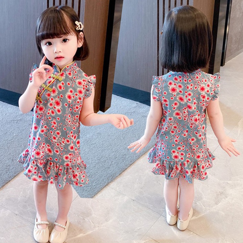 Đầm Sườn Xám Không Tay In Họa Tiết Hoa Thời Trang Mùa Hè Cho Bé Gái