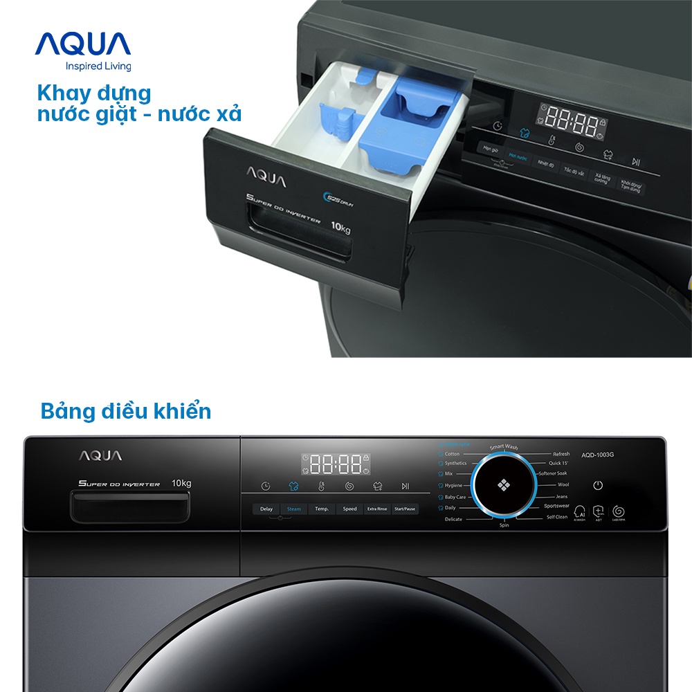Freeship Toàn Quốc - Máy giặt cửa trước Aqua 10kg AQD-D1003G.BK