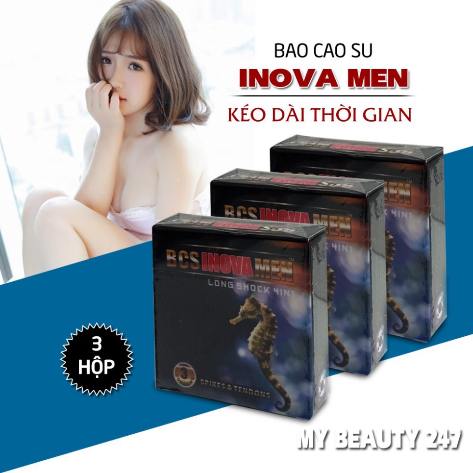 [Giá Sỉ] Bao Cao Su Inova Men Long Shock (Hộp 3 cái). Bcs Gân Gai Kéo Dài Thời Gian Quan Hệ, Tăng Kích Thích Điểm G.