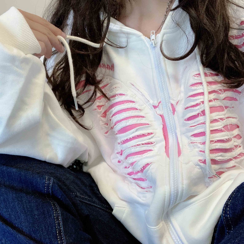 【ZHELIHANGFEI】Áo Hoodie Tay Dài Form Rộng Thiết Kế Xẻ Rách Phong Cách Preppy Mỹ