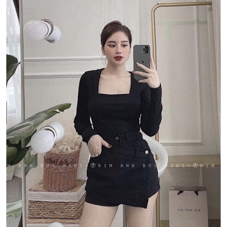 Áo len body dài tay cổ vuông - tăm nhung dày mịn hàng chuẩn đẹp