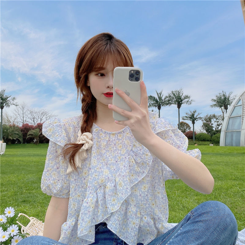 Áo Thun Nữ Tay Ngắn Cổ Tròn In Hoa Phong Cách Hàn Quốc 2021