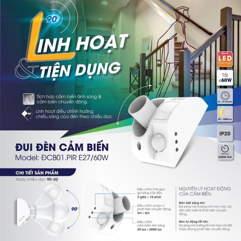 Đui đèn cảm biến chuyển động Hồng ngoại Rạng Đông E27, Model ĐCB01.PIR E27/300W