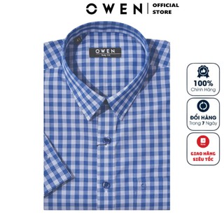 Áo Sơ Mi Nam Ngắn Tay Owen BA22555NT Sơ Mi Cộc Tay Công Sở Cao Cấp Màu Trắng Kẻ Caro Xanh Đậm Vải Sợi Tre Dáng Body Fit