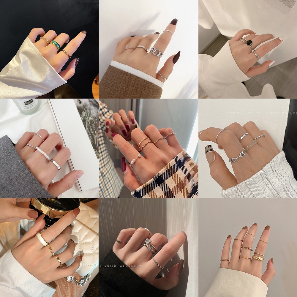 Bộ Nhẫn Bạc Nữ 6 Hàn Quốc Trái Tim Bướm Ngọc Trai Set Nhẫn Nhẫn đính đá Nhẫn Vàng Nhẫn Nam đính đá Phụ Kiện Trang Sứ