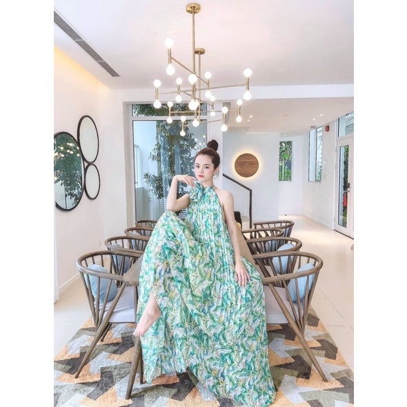 G11- đầm maxi dập ly xanh hoa cổ, cổ yếm, chất voan
